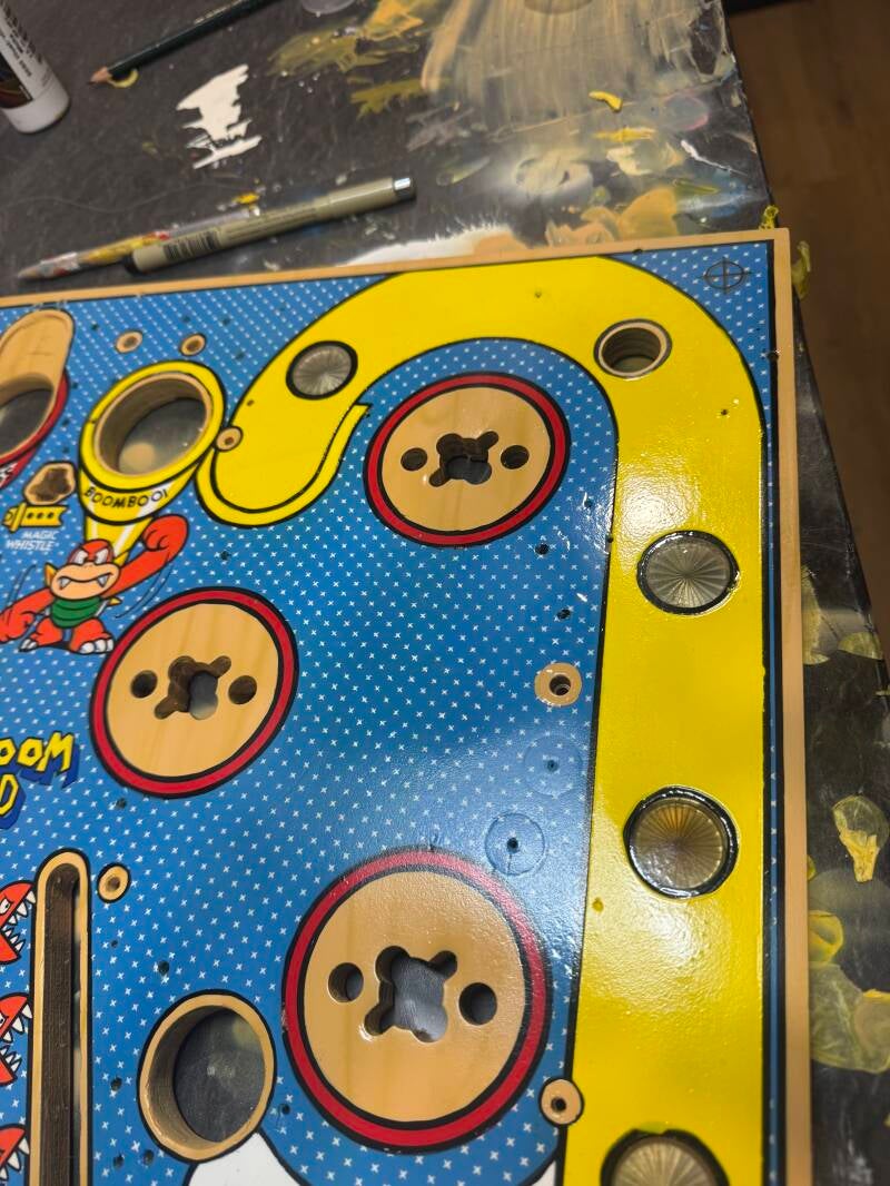 Gottlieb Super Mario Bros Playfield speelveld schade herstel restoration flipperspeelveld restauratie art airbrush airbrushing flipperkast reparatie