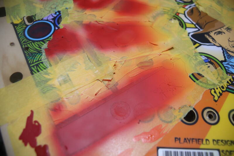 Williams Indiana Jones playfield speelveld schade herstel restoration flipperspeelveld restauratie art airbrush airbrushing flipperkast reparatie