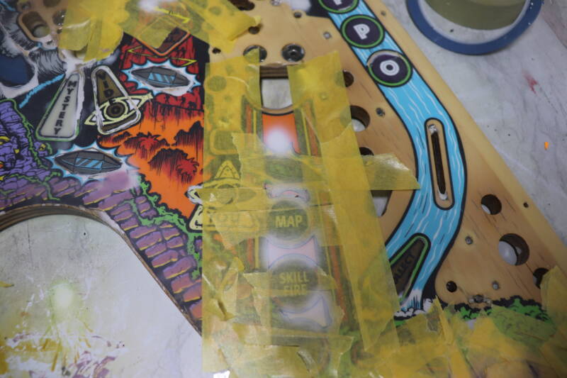 Williams Congo playfield speelveld schade herstel restoration flipperspeelveld restauratie art airbrush airbrushing flipperkast reparatie