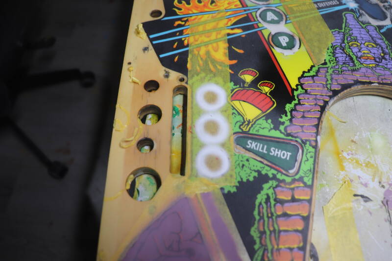 Williams Congo playfield speelveld schade herstel restoration flipperspeelveld restauratie art airbrush airbrushing flipperkast reparatie