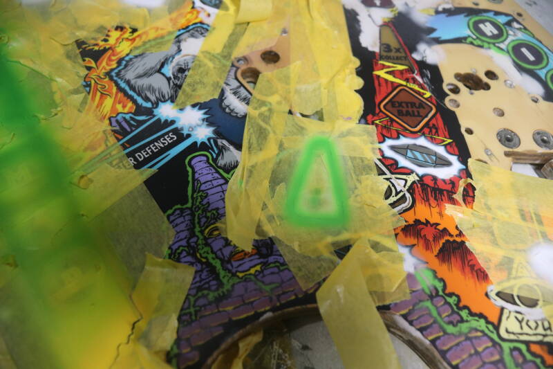 Williams Congo playfield speelveld schade herstel restoration flipperspeelveld restauratie art airbrush airbrushing flipperkast reparatie