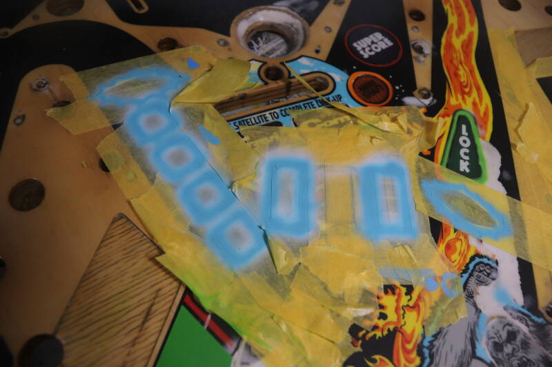 Williams Congo playfield speelveld schade herstel restoration flipperspeelveld restauratie art airbrush airbrushing flipperkast reparatie