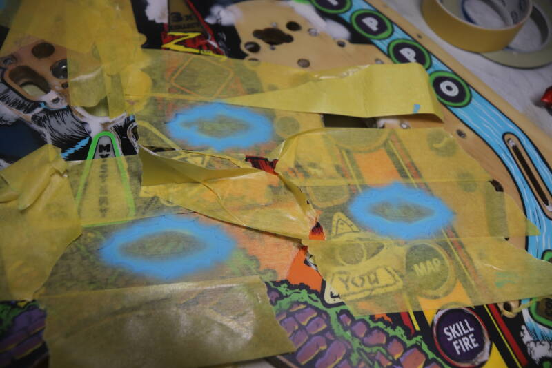 Williams Congo playfield speelveld schade herstel restoration flipperspeelveld restauratie art airbrush airbrushing flipperkast reparatie