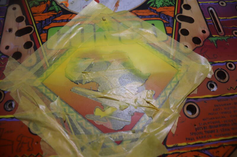 Williams Congo playfield speelveld schade herstel restoration flipperspeelveld restauratie art airbrush airbrushing flipperkast reparatie