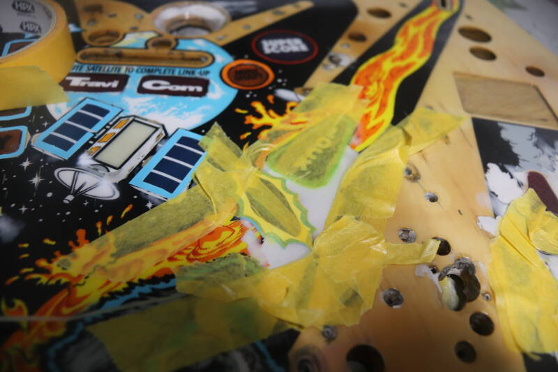 Williams Congo playfield speelveld schade herstel restoration flipperspeelveld restauratie art airbrush airbrushing flipperkast reparatie