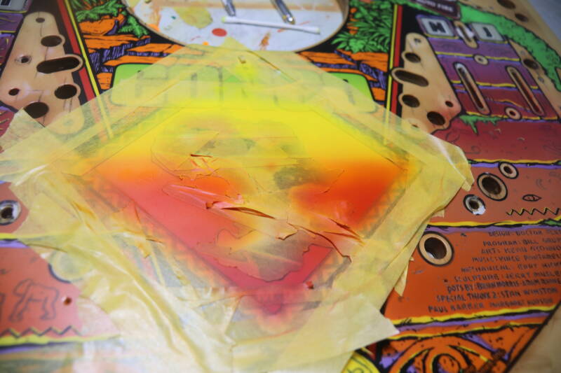 Williams Congo playfield speelveld schade herstel restoration flipperspeelveld restauratie art airbrush airbrushing flipperkast reparatie