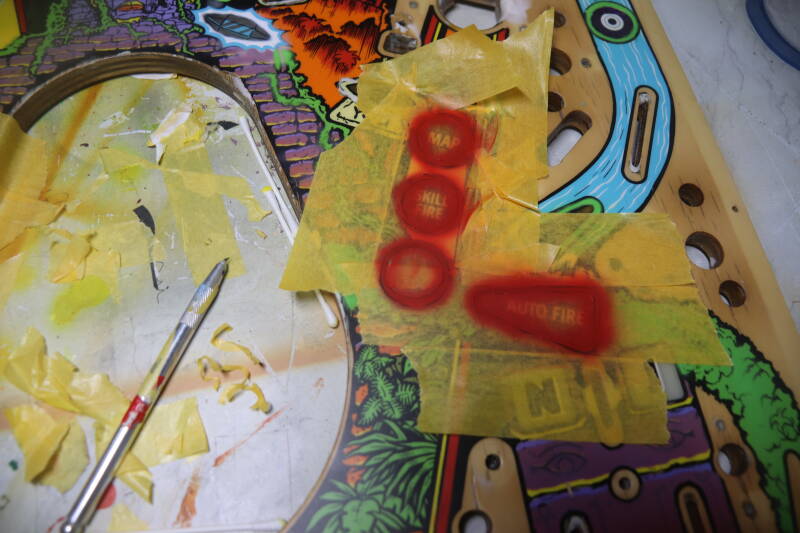 Williams Congo playfield speelveld schade herstel restoration flipperspeelveld restauratie art airbrush airbrushing flipperkast reparatie