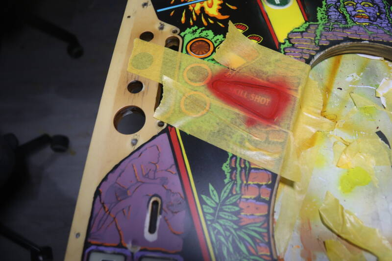 Williams Congo playfield speelveld schade herstel restoration flipperspeelveld restauratie art airbrush airbrushing flipperkast reparatie