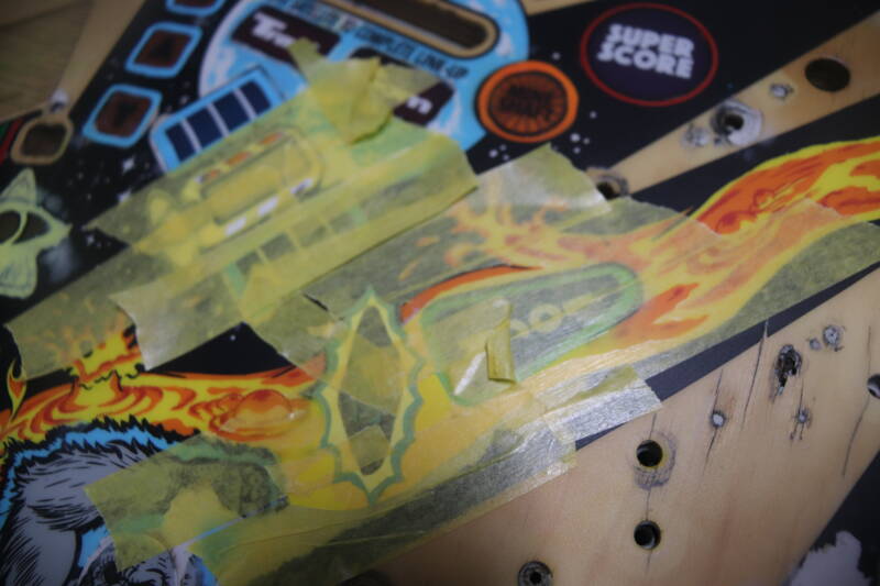 Williams Congo playfield speelveld schade herstel restoration flipperspeelveld restauratie art airbrush airbrushing flipperkast reparatie