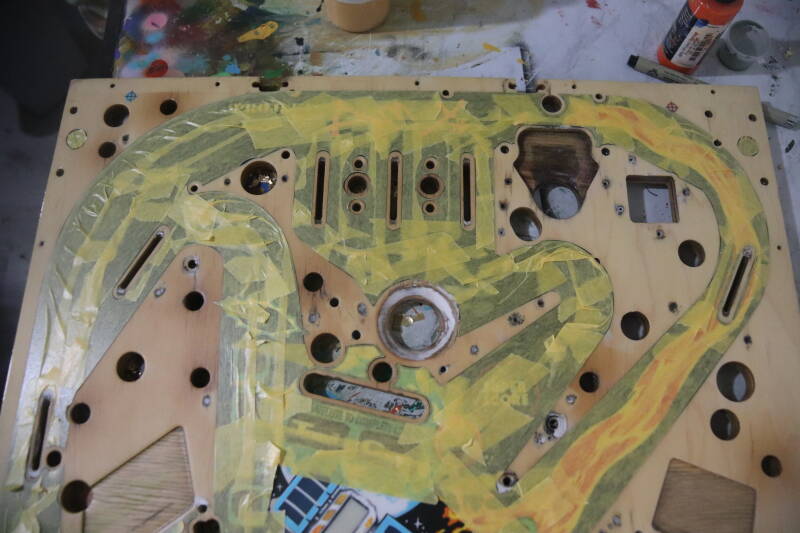 Williams Congo playfield speelveld schade herstel restoration flipperspeelveld restauratie art airbrush airbrushing flipperkast reparatie