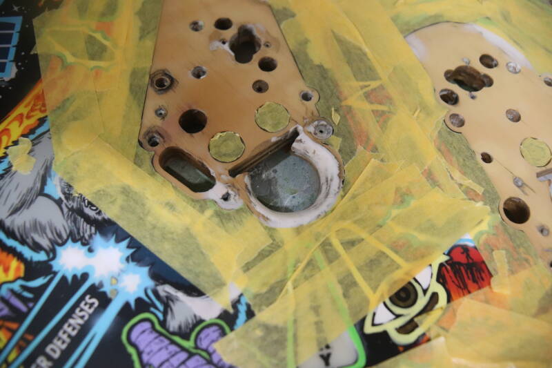 Williams Congo playfield speelveld schade herstel restoration flipperspeelveld restauratie art airbrush airbrushing flipperkast reparatie