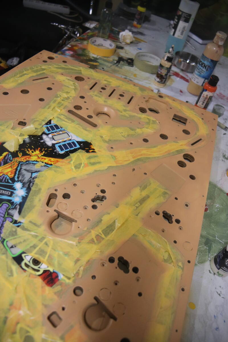 Williams Congo playfield speelveld schade herstel restoration flipperspeelveld restauratie art airbrush airbrushing flipperkast reparatie