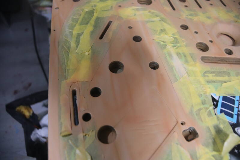 Williams Congo playfield speelveld schade herstel restoration flipperspeelveld restauratie art airbrush airbrushing flipperkast reparatie