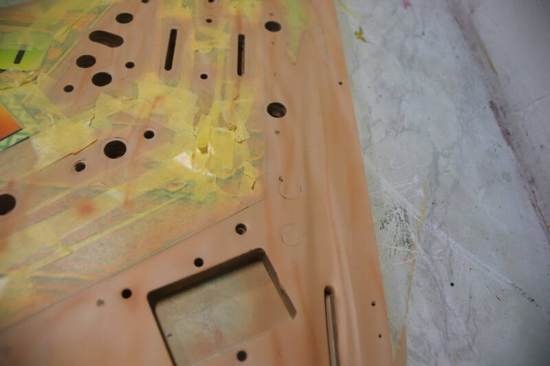 Williams Congo playfield speelveld schade herstel restoration flipperspeelveld restauratie art airbrush airbrushing flipperkast reparatie