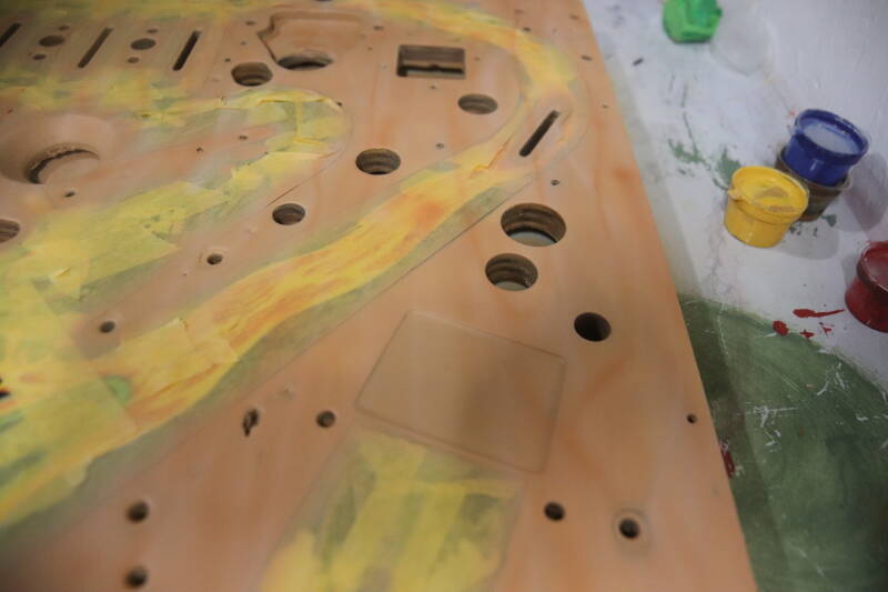 Williams Congo playfield speelveld schade herstel restoration flipperspeelveld restauratie art airbrush airbrushing flipperkast reparatie