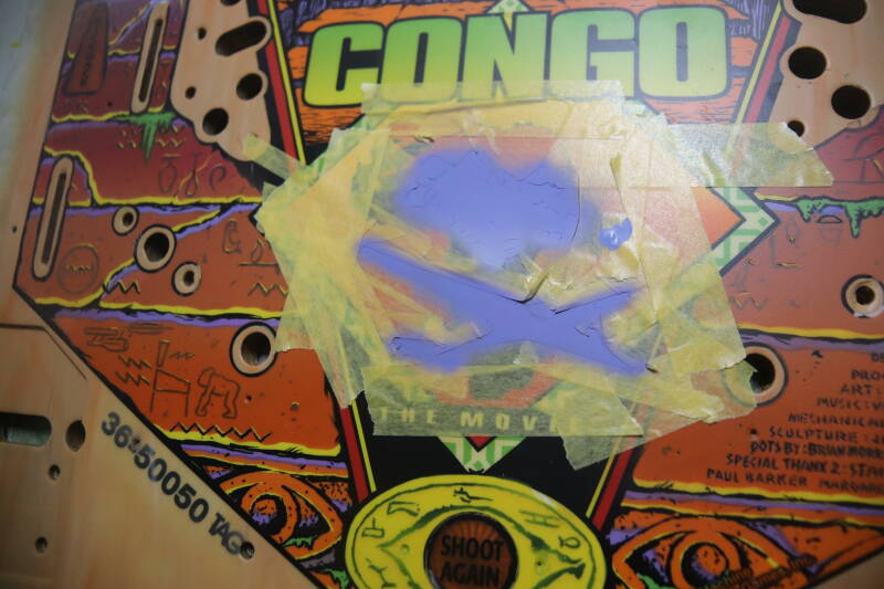 Williams Congo playfield speelveld schade herstel restoration flipperspeelveld restauratie art airbrush airbrushing flipperkast reparatie