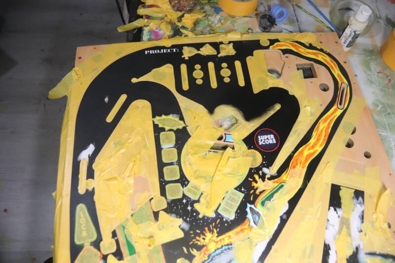 Williams Congo playfield speelveld schade herstel restoration flipperspeelveld restauratie art airbrush airbrushing flipperkast reparatie