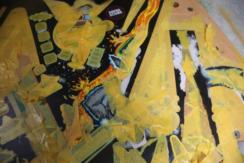 Williams Congo playfield speelveld schade herstel restoration flipperspeelveld restauratie art airbrush airbrushing flipperkast reparatie