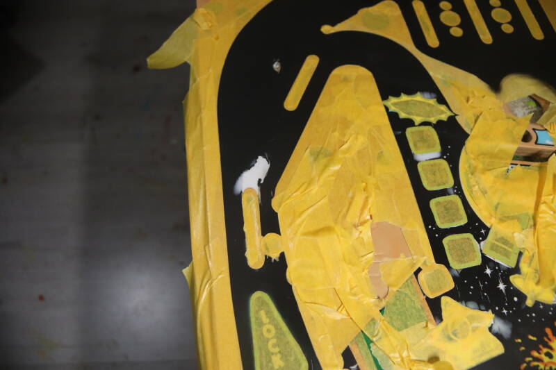 Williams Congo playfield speelveld schade herstel restoration flipperspeelveld restauratie art airbrush airbrushing flipperkast reparatie