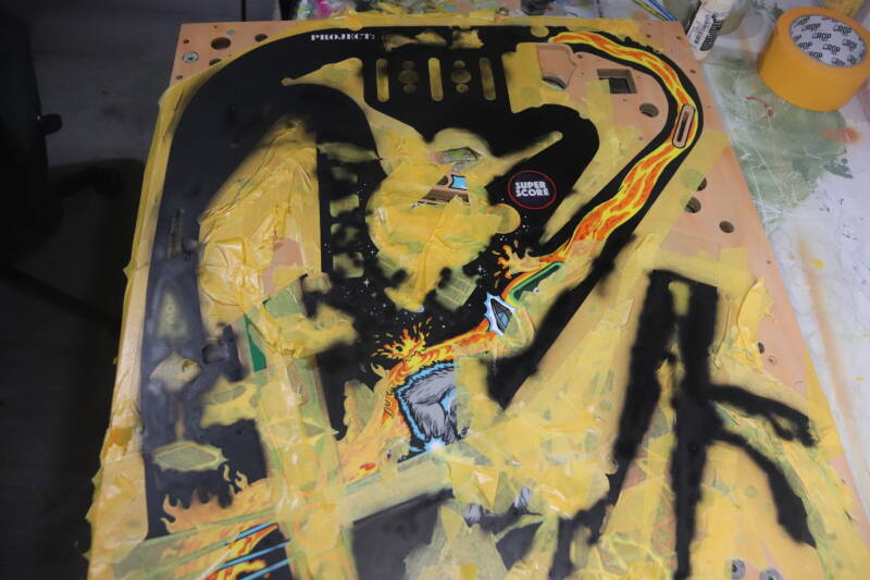 Williams Congo playfield speelveld schade herstel restoration flipperspeelveld restauratie art airbrush airbrushing flipperkast reparatie