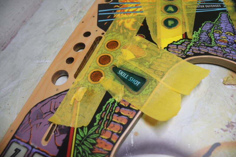 Williams Congo playfield speelveld schade herstel restoration flipperspeelveld restauratie art airbrush airbrushing flipperkast reparatie