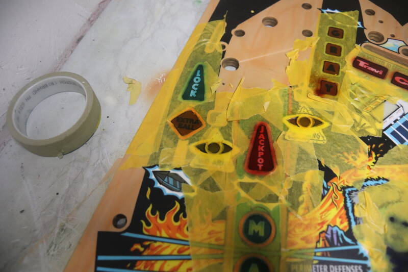 Williams Congo playfield speelveld schade herstel restoration flipperspeelveld restauratie art airbrush airbrushing flipperkast reparatie