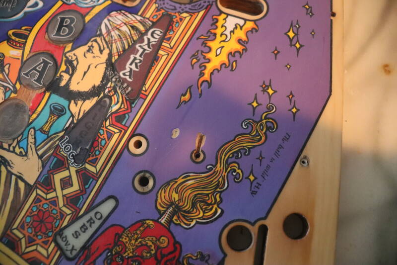 Williams Tales of the Arabian Nights playfield speelveld schade herstel restoration flipperspeelveld restauratie art airbrush airbrushing flipperkast reparatie