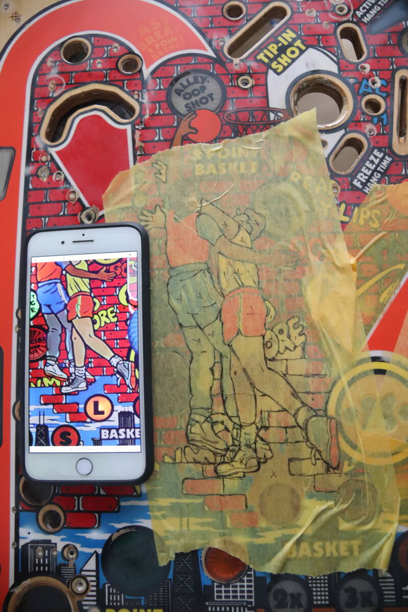 Gottlieb Hoops playfield speelveld schade herstel restoration flipperspeelveld restauratie art airbrush airbrushing flipperkast reparatie