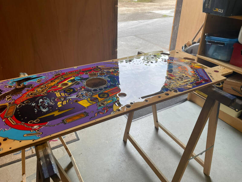 Williams Tales of the Arabian Nights playfield speelveld schade herstel restoration flipperspeelveld restauratie art airbrush airbrushing flipperkast reparatie