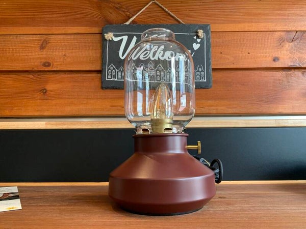 IKEA TÄRNABY tafellamp – donkerrood met helder glazen kap – vintage lantaarnstijl – 26 cm