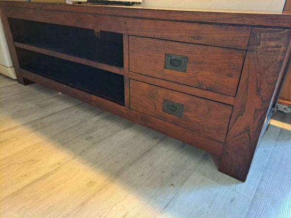 Vintage massief houten tv-meubel met 2 laden