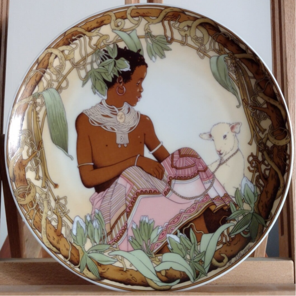 Vintage UNICEF wandbord No.3 – Afrikaans kind met lam – Heinrich Villeroy & Boch 1979 Ø24,5 cm