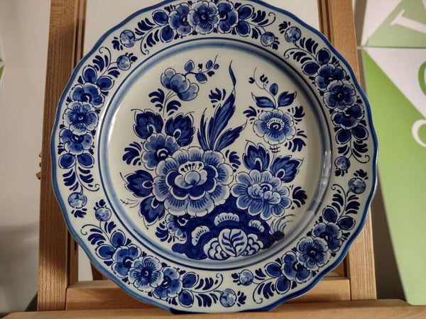 Vintage Delfts Blauw wandbord Ø23 cm – Delft Holland Handwerk bloemenmotief