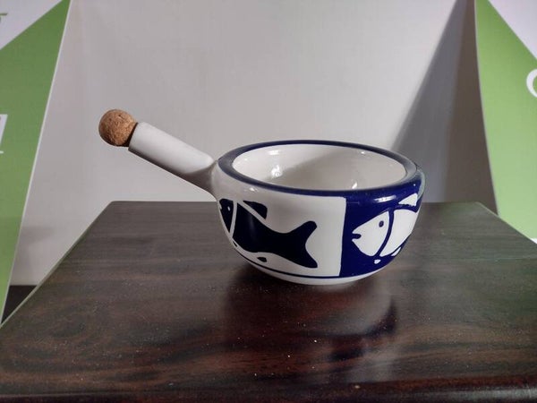Vintage steelkom met vismotief blauw-wit Ø15 cm – keramiek