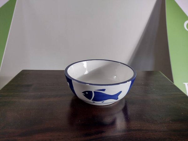 Vintage schaaltje met vismotief blauw-wit Ø14 cm – keramiek