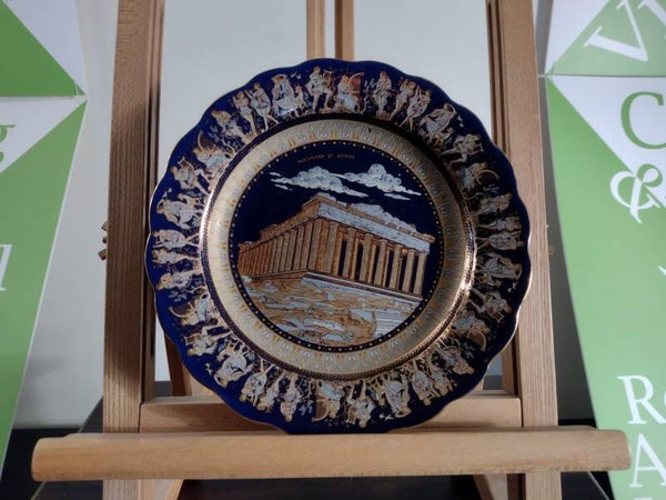 Vintage Grieks sierbord Parthenon Athene – blauw & goud Ø20,5 cm