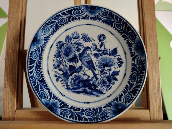Royal Delft handbeschilderd wandbord vogel & bloemen 1955 – Ø18 cm