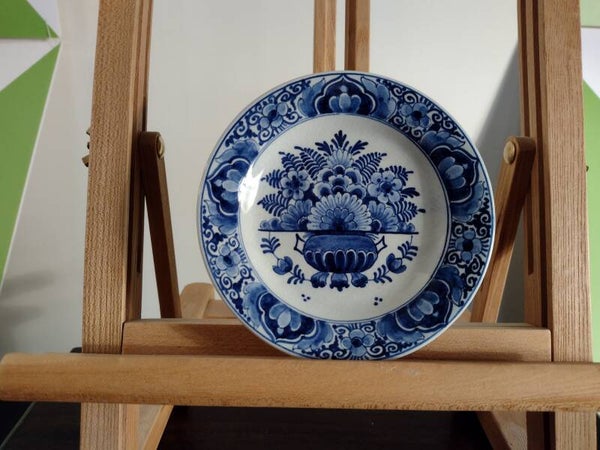 Vintage Delfts blauw handbeschilderd wandbord bloemenvaas Ø14 cm