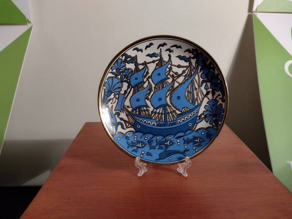 Vintage Neofitou Grieks sierbord zeilschip 24K goud Ø18 cm