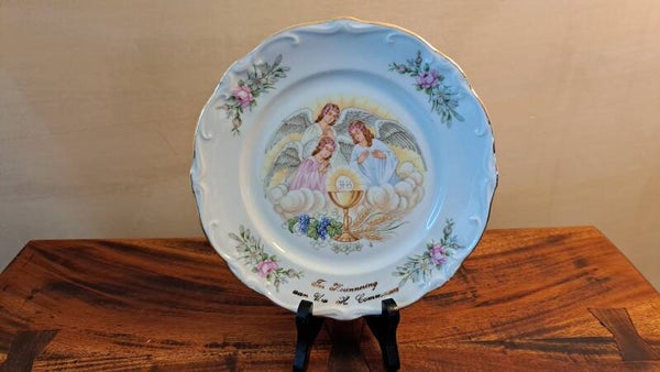 Vintage Kronester Bavaria communiebord met engelen en bloemen – West-Germany Ø ca. 20 cm