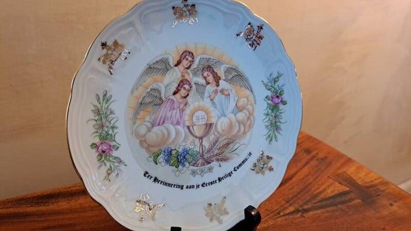 Vintage Kronester Bavaria communiebord met engelen en IHS – Eerste Heilige Communie Ø ca. 21 cm