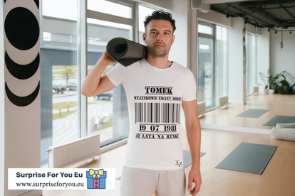 Heren-T-shirt met barcode en jouw naam