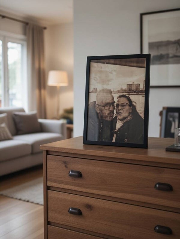 PORTRETTEN OP HOUT IN EEN INGEKADERD LIJST