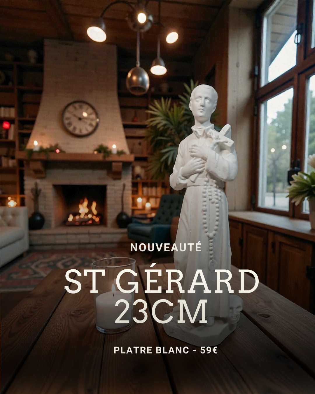 Statue de Saint Gérard en plâtre blanc de 23cm, prié par les femmes qui veulent avoir un enfant, reproduit par l'atelier statuaire