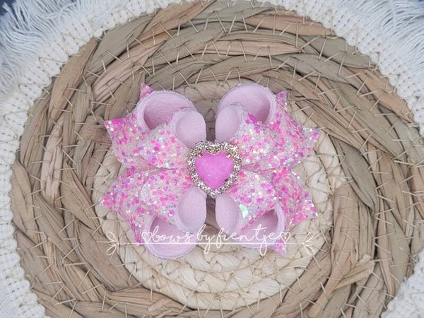 Glamour strikje roze spikkels met roze hartje