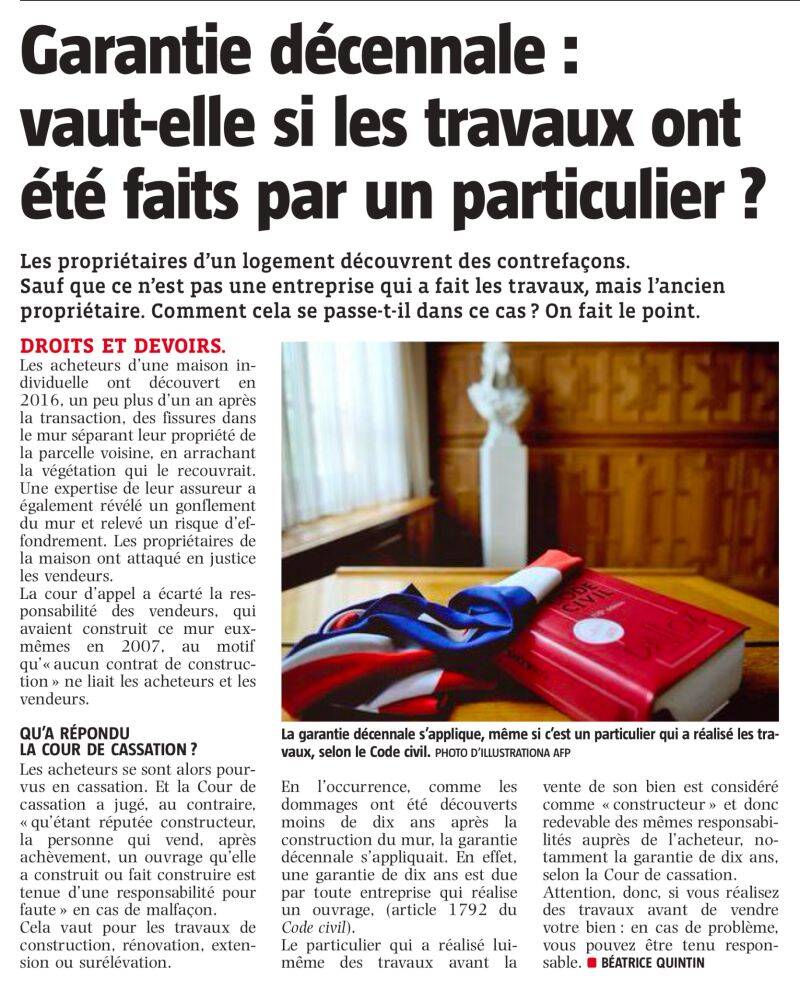Garantie decennale : vaut elle si les travaux ont été réalisé par un particulier ?