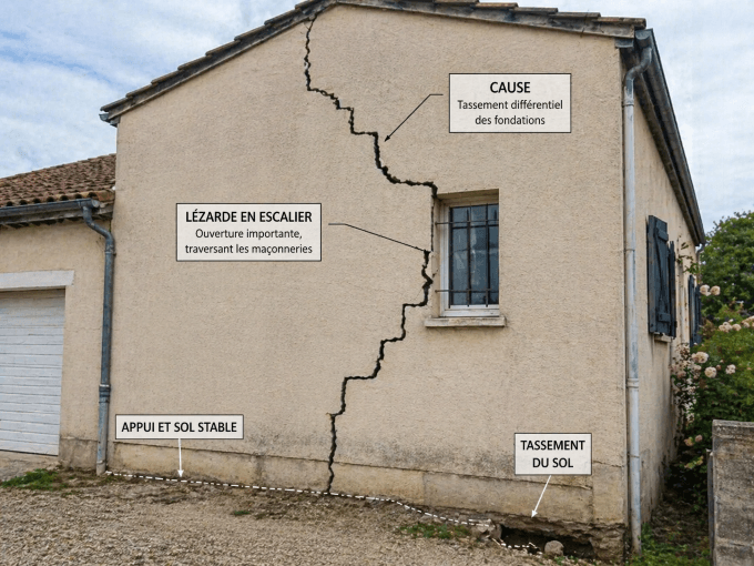 Lézarde en escalier liée à un tassement différentiel des fondations