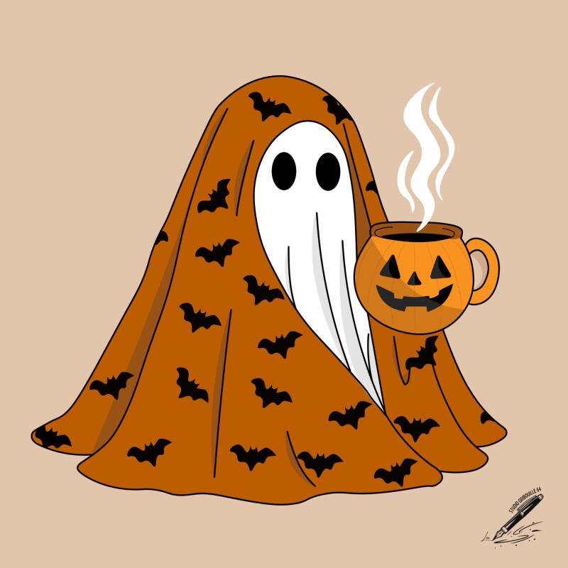 boo fantome avec plaid orange chauve souris, et mug de chocolat chaud