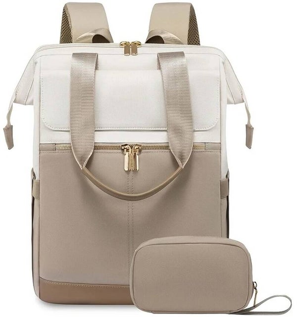 Sjtoer® Rugzak met tasje - Schooltas - Handbagage vliegtuig - Laptop - Beige creme - Laptoptas - 15.6 inch - Waterbestendig - Rugtas voor dames/meiden - Portemonnee, make-uptas, handtas - 2-delige set - Feestdagen - Sinterklaas - Kerst - Cadeau