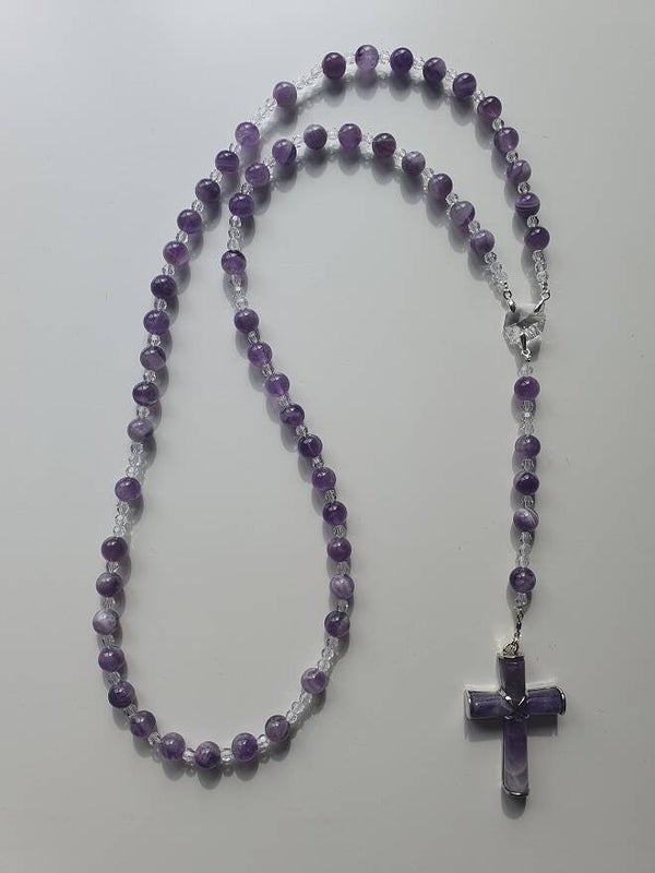 Rozenkrans - Paternoster met Halfedelsteen Amethist kruis en kralen & Swarovski kristallen.